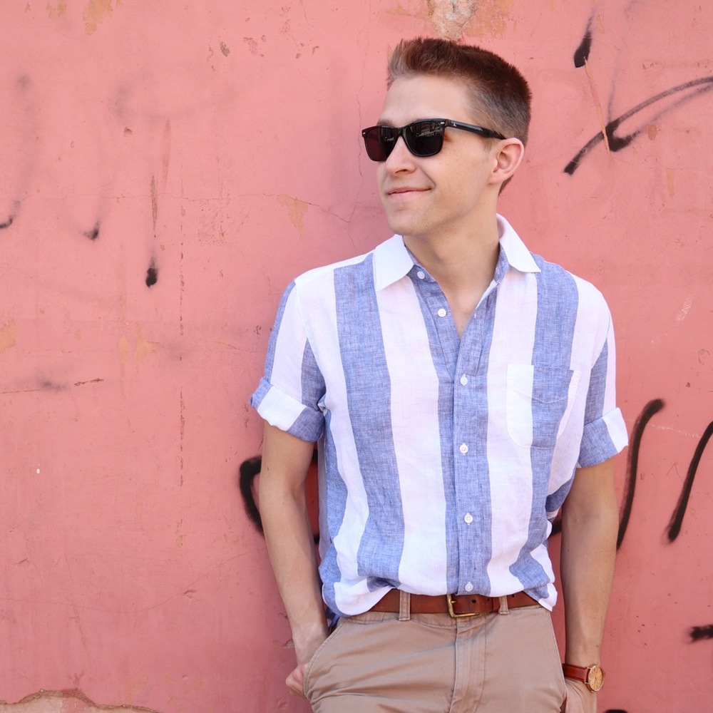 Island Company Blue Linen Classic Striped Shirt M